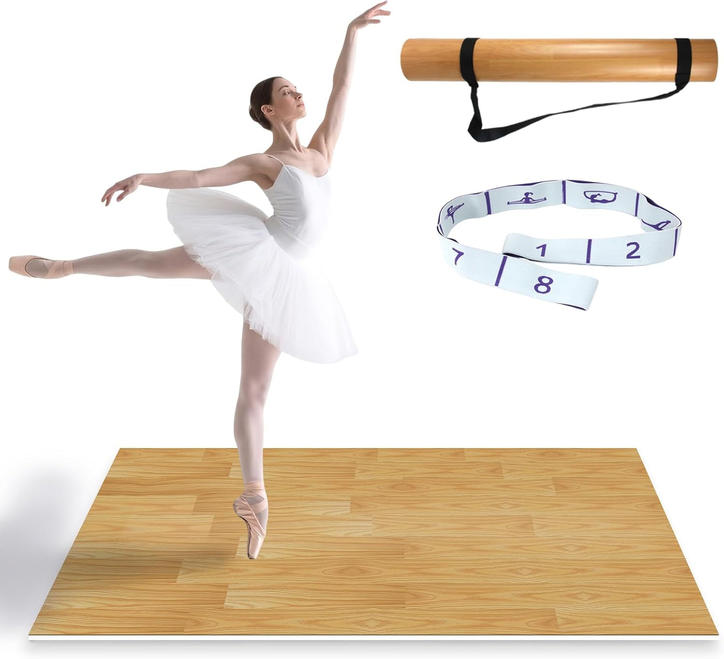 Dance Floor Mat Non-Slip with Shoulder Strap Portable and Dance Resistance Band, Dance Floor for Ballet,Jazz, Pop Thick PVC Practice Floor Reusable Mat (Dark Natural Wood Color, 200cm*90cm*0.5cm)