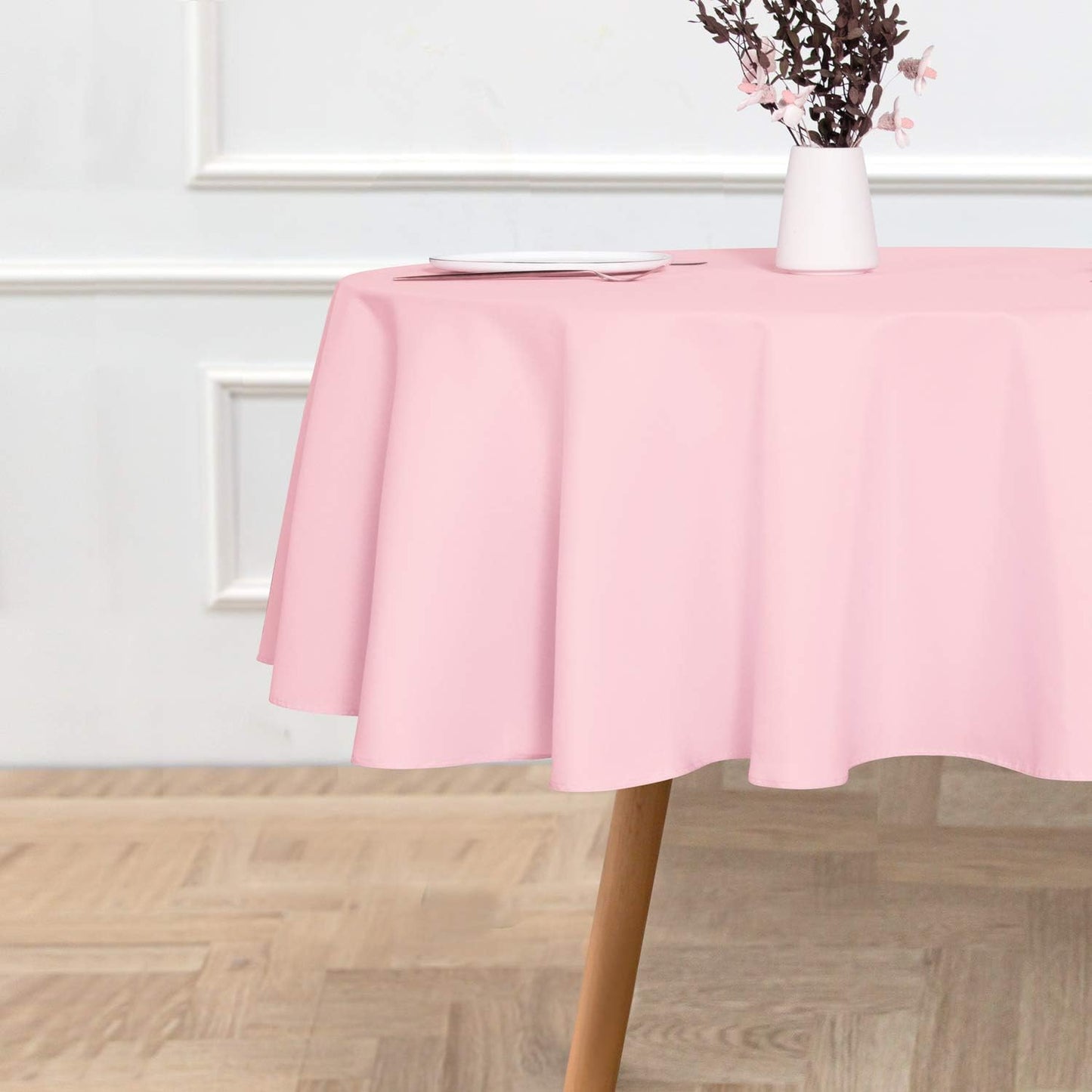 sancua Round Tablecloth - 60 Inch - Water Resistant Spill Proof Washable Polyester Table Cloth Decorative Fabric Table Cover for Dining Tables, Buffet Parties and Camping, Pink