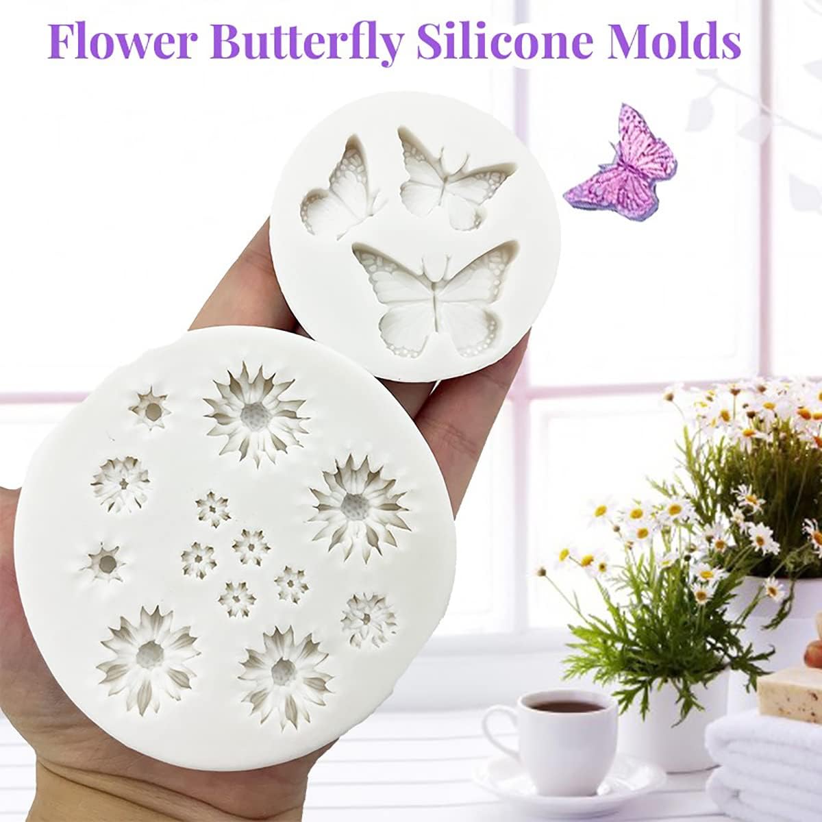 Flower Silicone Fondant Molds, 5pcs Butterfly Daisy Rose Chrysanthemum Flower Silicone Mould Candy Chocolate Molds for DIY Cake Cookie Pudding Gum Paste Cupcake Cake Topper Decoration Desserts Sugar