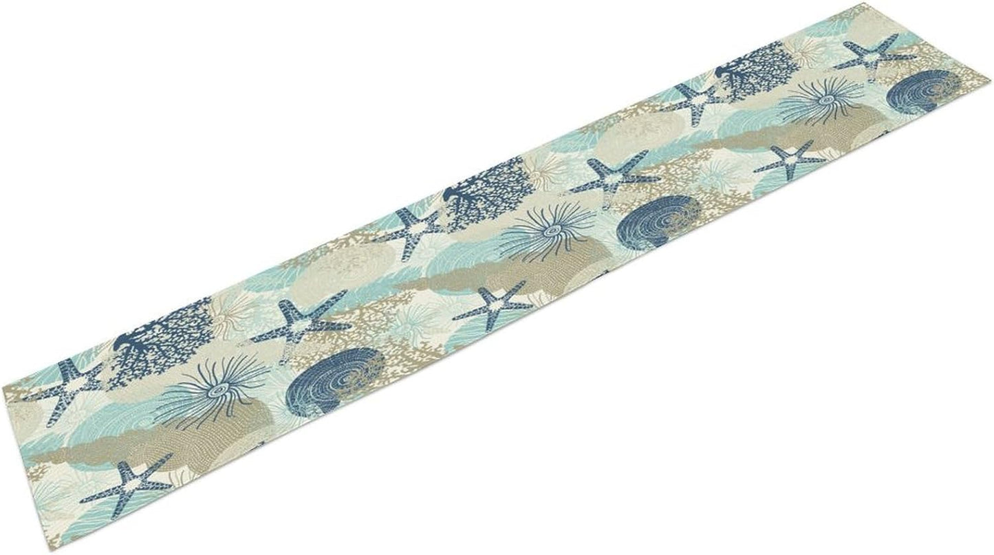 Nautical Coastal Table Runner，Ocean Themed Starfish Coral Conch Beach Kitchen Dinning Table Decoration for Indoor Outdoor Home Party Decor 13x36 Inch