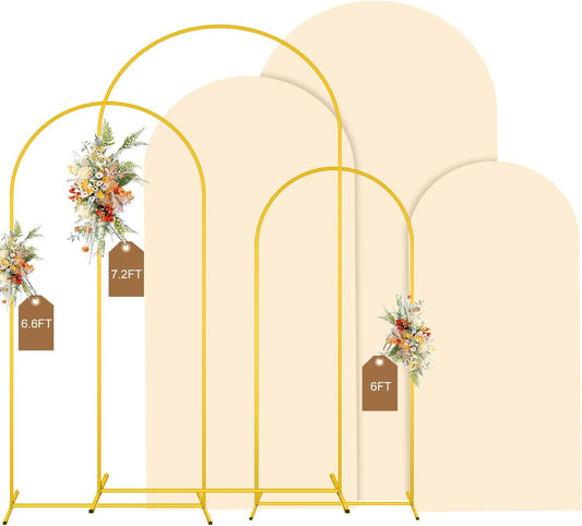MODFUNS Arch Backdrop Stand and Cover Set of 3 Gold Wedding Arch Stand 6&6.6&7.2ft Beige Arches Cover Chiara Backdrop Stand for Party Birthday Banquet Wedding Arched Frame