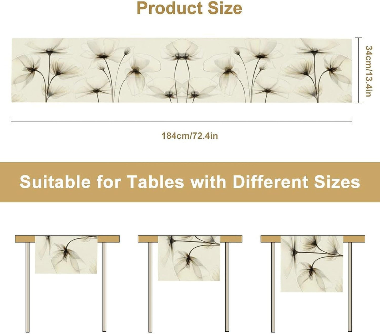 Abstract Floral Table Runner, Watercolor Transparent Beige Poppy Flowers Print Kitchen Dinning Table Runner for Indoor Outdoor Home Wedding Party Holiday, 13x36 Inch