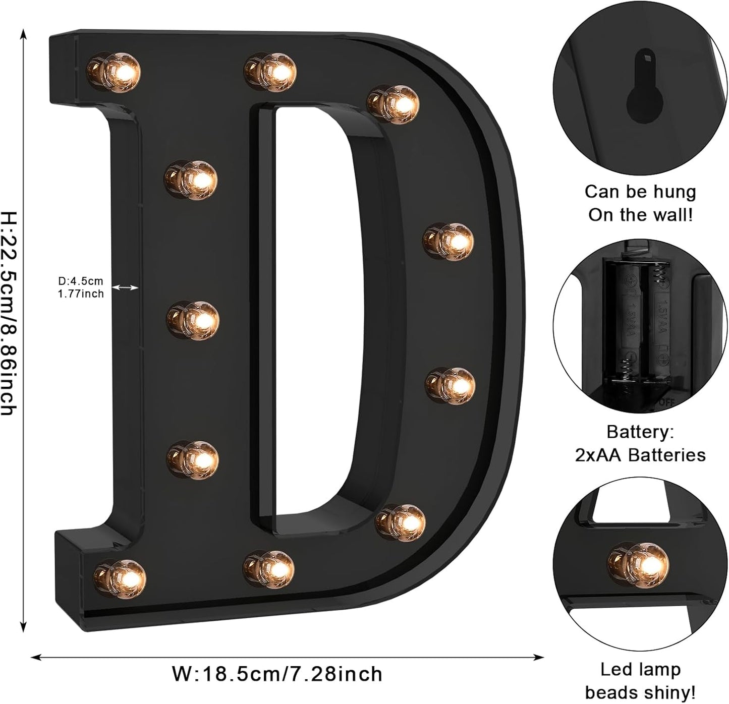 Foaky Black LED Letter Lights for Room Decor - Bedroom Wall Decor, Alphabet Lights for Home, Wedding, Party - Battery Operated （D）