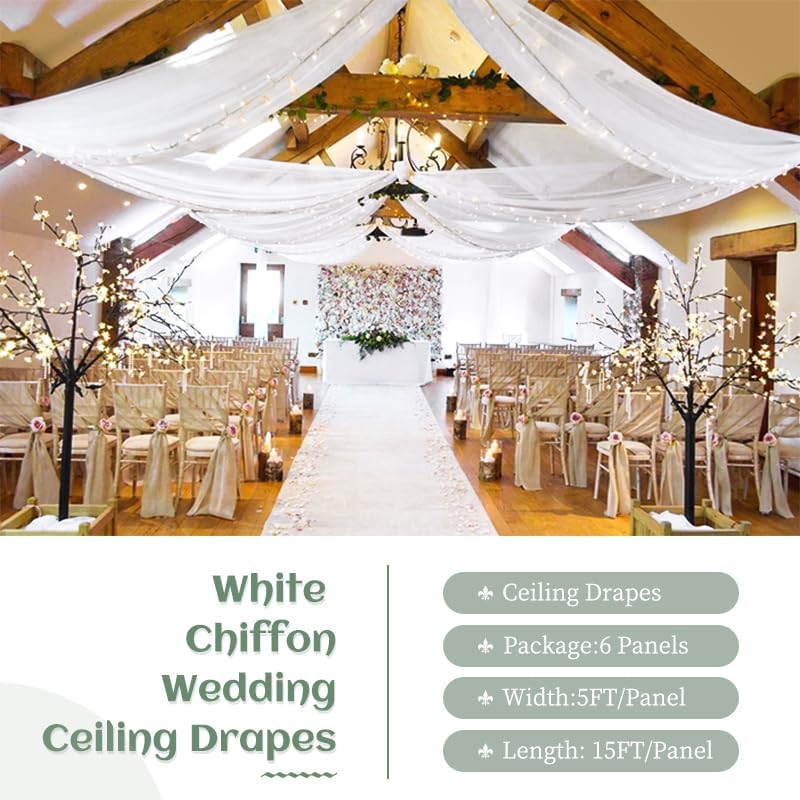 4 Panels White Ceiling Drapes 5ftx20ft Wedding Ceiling Drapes Chiffon Fabric Arch Draping Sheer Curtains Soft Drapery Draping Wedding Ceiling Decorations for Party Ceremony Stage Swag