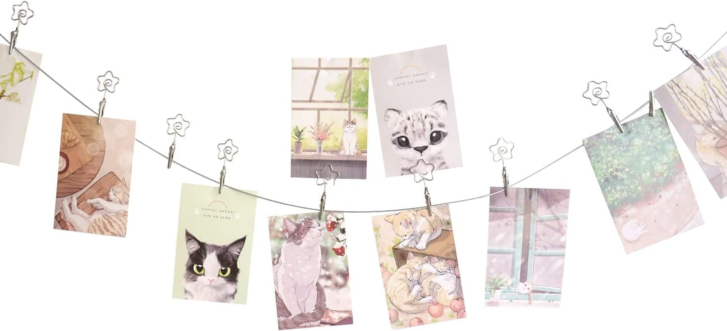 Multi-Purpose Steel Wall Hanging Photo Display Cable Wire Rod with 12 Adjustable Clips for Hanging Photos Notes Postcard and Artworks (Flower)