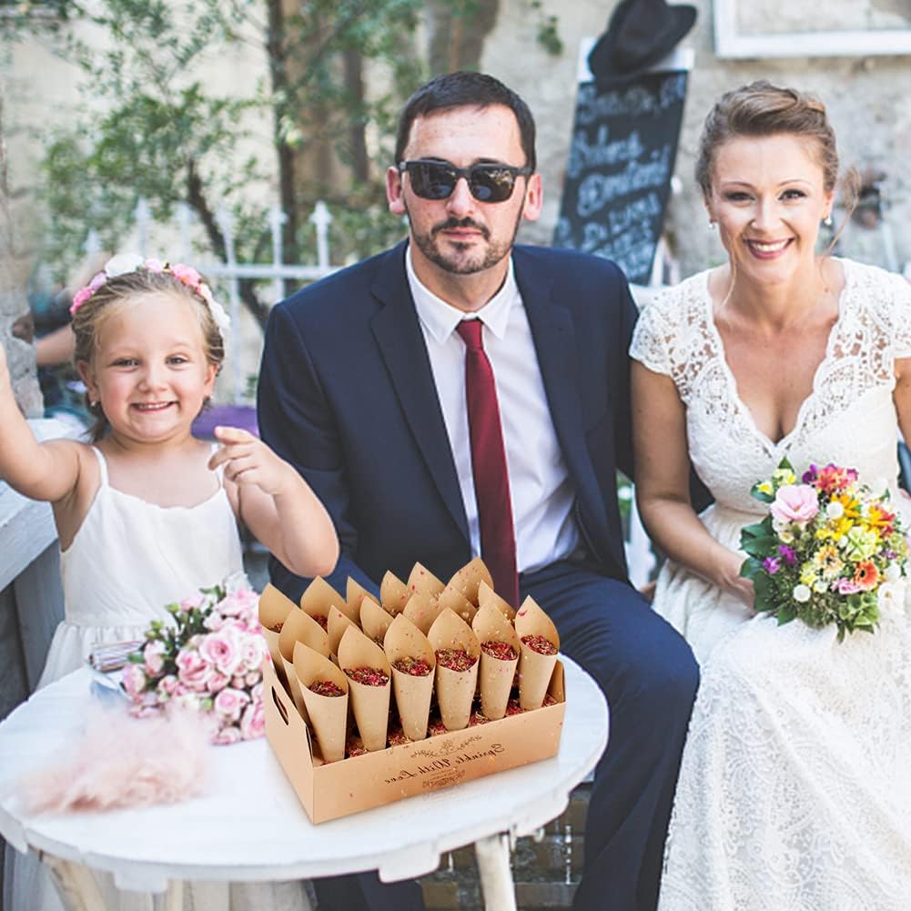 30 Pieces biodegradable confetti Cones and Stand Tray Paper Cone Box 30 Holes Suitable Placing Dried Flower Petals Confetti for Wedding, Engagement, Party, Birthday (Kraft)