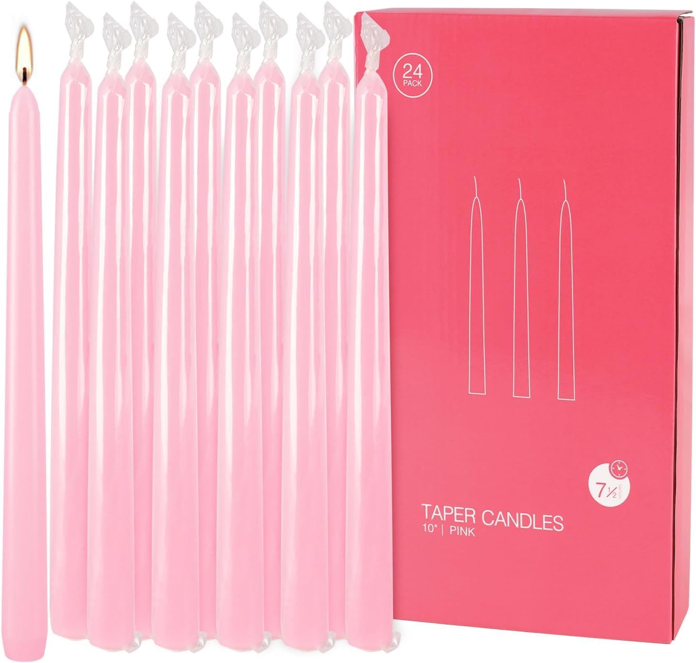 24 Pack Pink Taper Candles, 7-8 Hours Burn Time, Unscented, Smokeless and Dripless, 0.75 x 10 Inch Dinner Candle Set for Household, Wedding, Party and Home Décor Candlesticks