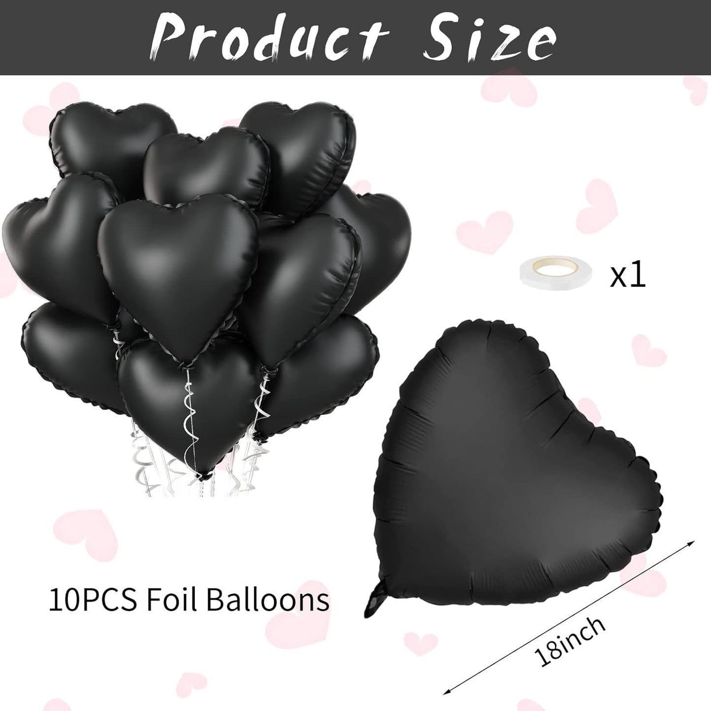 Foil Heart Balloons - 10 Black Heart Shaped Balloons, 18inch Metallic Foil for Valentines Day, Wedding, Birthday, Halloween Party