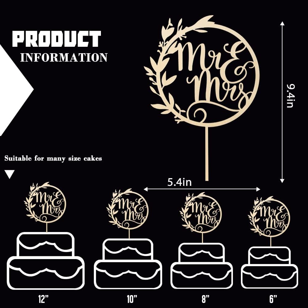 Mr & Mrs Cake Toppers - Engagement & Bridal Shower Cake Picks - Wooden Bride & Groom Decoration