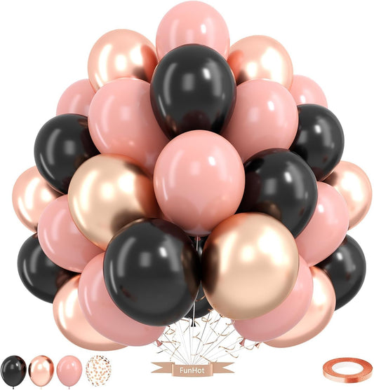Rose Gold and Black Balloon,12 Inch Metallic Rose Gold Balloons Retro Pink Balloons for Birthday Wedding Bridal Shower Bachelorette Party Decorations