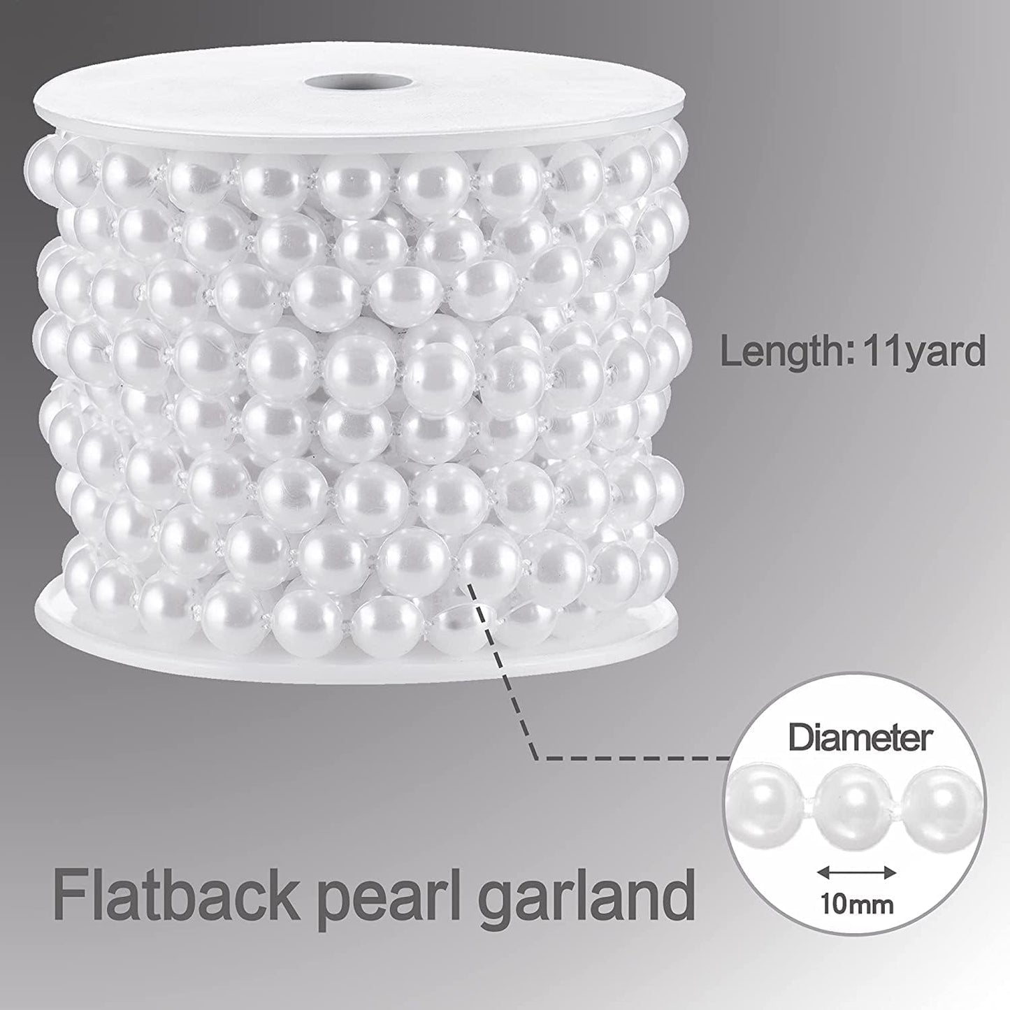 Flat Pearl Garland String 11 Yards, 10MM Half-Round Beaded Spool Roll Crafts for Wedding Decoration (White)