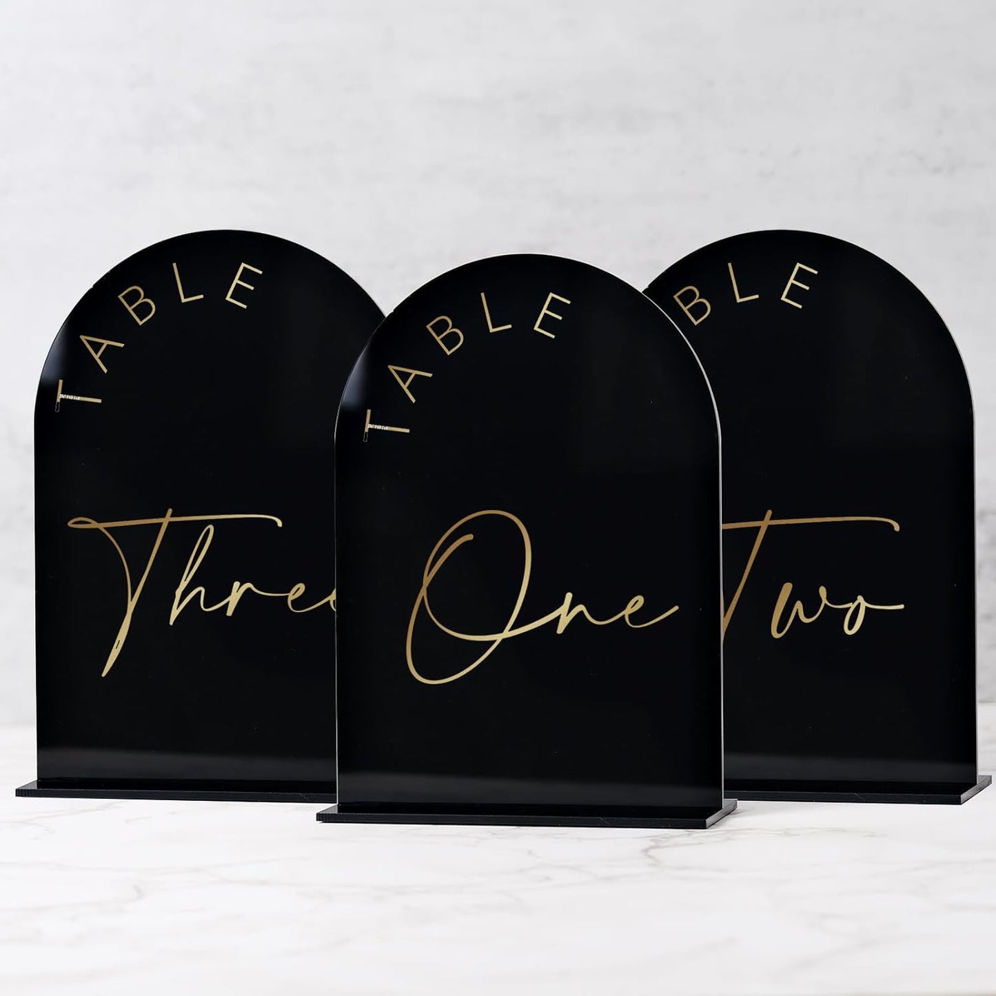 Black Arch Wedding Table Numbers 1-15 with Stands, 5x7 Inch Black Acrylic Sign with Gold Letters, Arched Acrylic Table Numbers for Wedding Reception