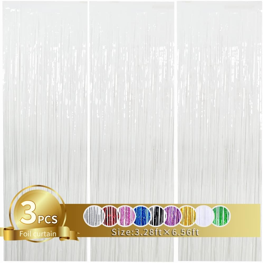 3Pcs White Metallic Tinsel Foil Fringe Curtains, 3.28ft x 6.56ft White Photo Booth Backdrop Streamer Curtain,Photo Booth Props, Bachelorette Party Supplies, Birthday, Christmas,New Year Decorations