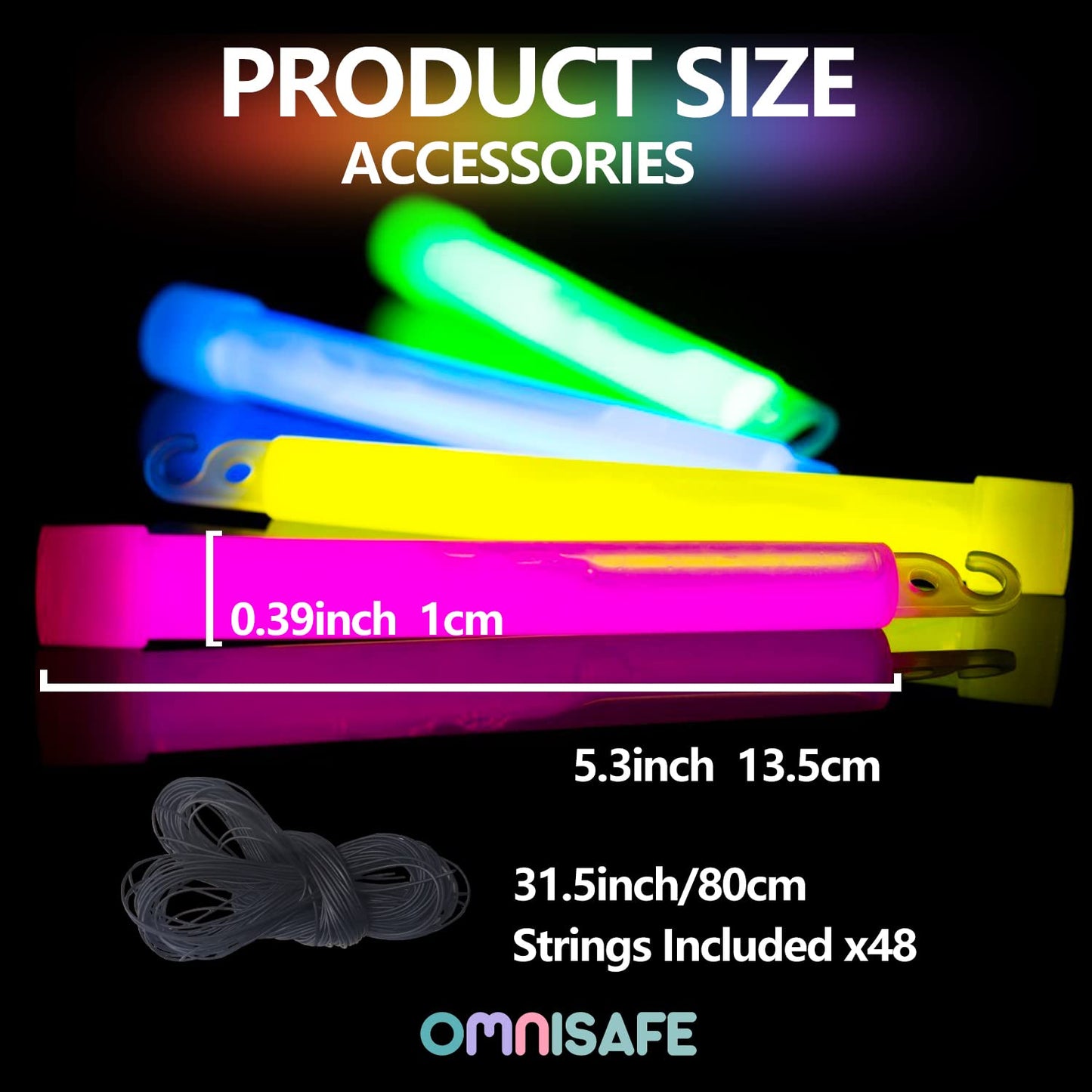 48 Ultra Bright Large Glow Sticks with 48 Black PE String, Multi Use Colourful 6 Inch Glowsticks for Parties, Camping, Emergency Glow Sticks For Blackout, Long-lasting Lighting Waterproof and