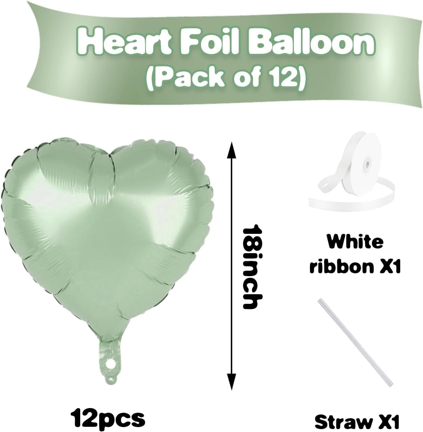 Sage Green Heart Balloons,12Pcs 18 Inch Oliver Green Foil Love Heart Shaped Balloons for Jungle Birthday Wedding Anniversary Graduation Baby Shower Valentines Day Decorations