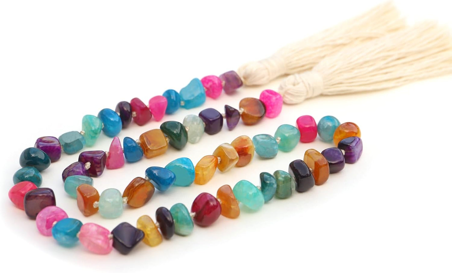 Agate Stone Hand Knotted Garland Modern Farmhouse Rustic Table Home Decor, 30inch Meditation Accessories with Tassel, Prayer Healing Beads Boho Wall Shelf Hanging Decoration (Deep Multicolor)