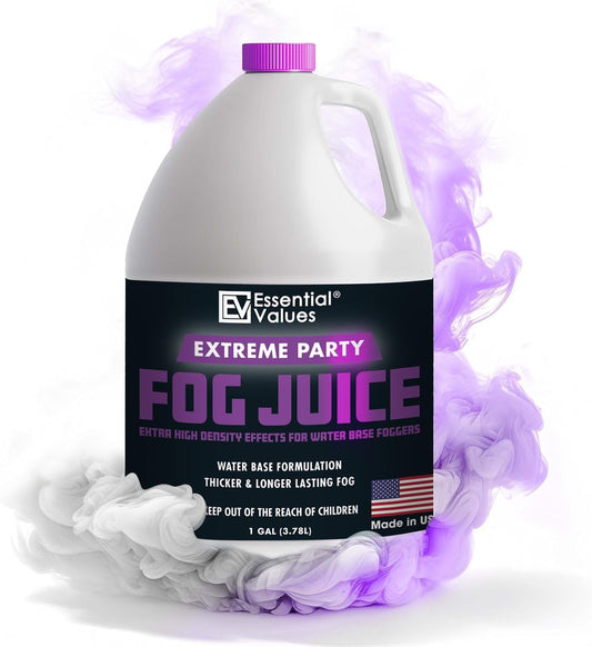 Essential Values Fog Machine Fluid - Extreme High Density Fog Juice (128 FL OZ / 1 Gallon) – White-Out Conditions for Water Based Foggers Designed for 700 Watts+ - Manufactured in USA