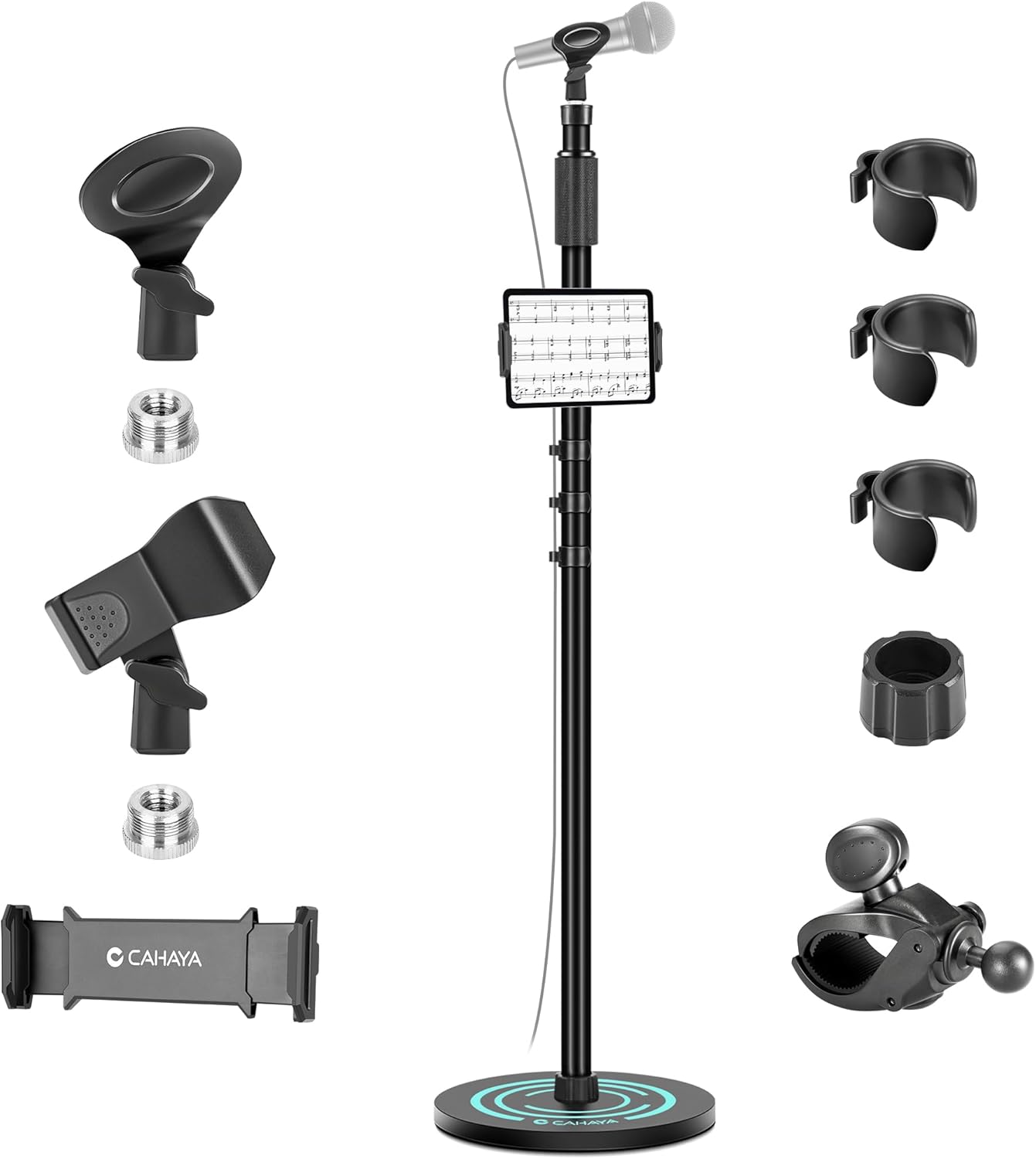 CAHAYA Mic Stand Floor Detachable - Microphone Stand Heavy Duty with Weighted Round Base Phone Holder and 2 Mic Clips Portable Mic Stands Height Adjustable 50" to 64" for Singing Performance Stage