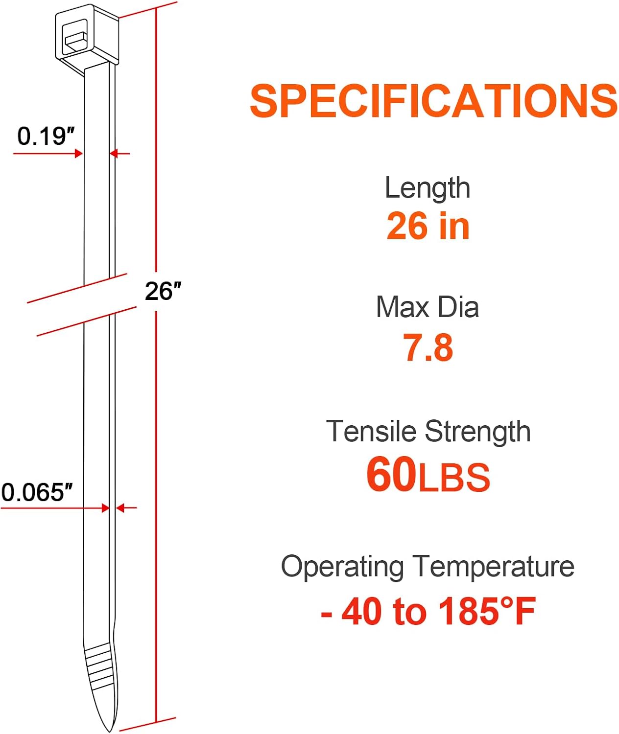 26 Inch White Long Zip Ties,60 LBS Tensile Strength Heavy Duty Large Cable Wire Ties With Self-Locking Adjustable More Durable Nylon Tie Wraps for Indoor Outdoor（100 Pack）