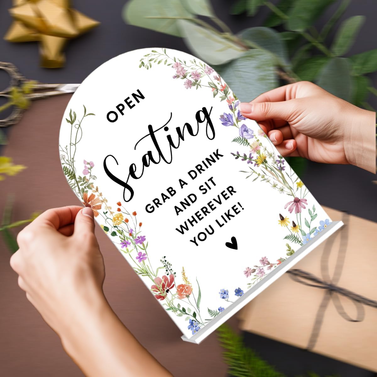 Acrylic Wedding Signs, Open Seating Signs for Marriage Reception, Bridal Shower Decorations, Modern Arched Round Top Acrylic Table Top Sign with Holder for Wedding Party Dinner (White Wildflowers)