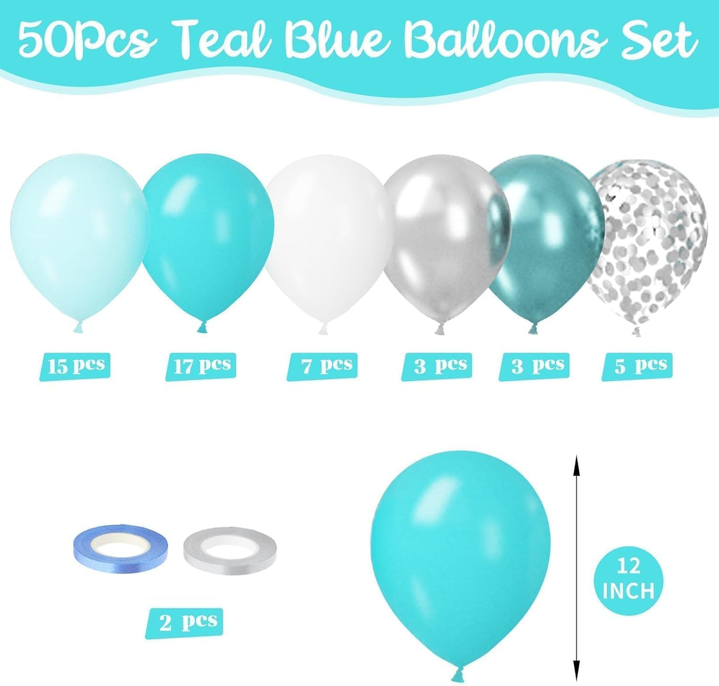Paready Teal Blue Balloons Set, 50pcs 12 Inch Turquoise Metallic Green Confetti Silver White Balloons For Wedding, Bridal Shower, Engagement, Birthday