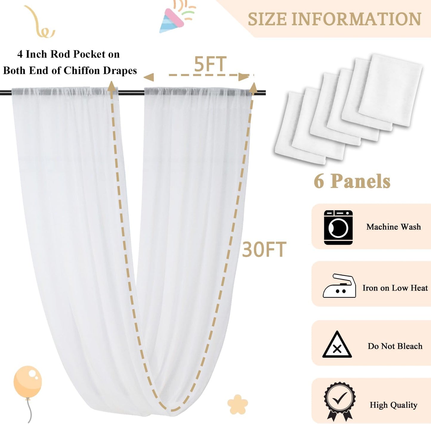 MODFUNS Ceiling Drapes for Parties White Sheer Chiffon Curtains 5x30FT 6 Panels Wedding Arch Drapes Fabric Sheers Arbor Drapery Tulle Ceiling Covering Fabric for Ceremony Stage Arbor Ornament