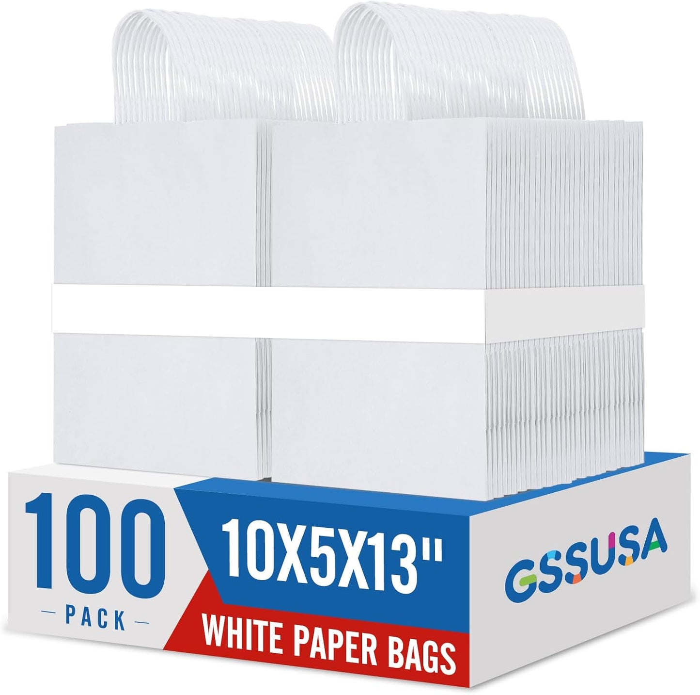 GSSUSA White Kraft Paper Gift Bag with Handles, 10x5x13 Bulk Shopping Grocery Paper Bags 100 Pc, Party Favor, Retail, Small Business, Packaging, Mother's Day, Merchandise, Boutique, Wedding