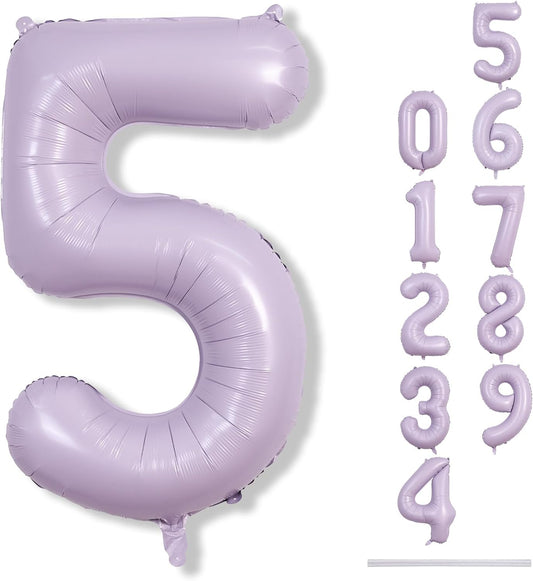 Pastel Purple 5 Balloons, 40 Inch Giant Dusty Light Purple Mylar Foil Number 0-9 Helium Balloon for Girls, Self Inflating Lilac 5th Birthday Balloon for Women Anniversary Party Decorations Supplies