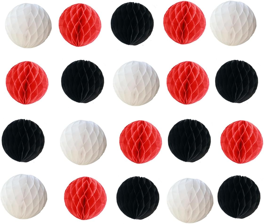 20pcs Honeycomb Flower Balls Party Honeycomb Balls Decoration Paper Flower Balls Tissue Paper Flower Ball Pom Poms Ball for Birthday Wedding Home Decor (6inch, White red Black)