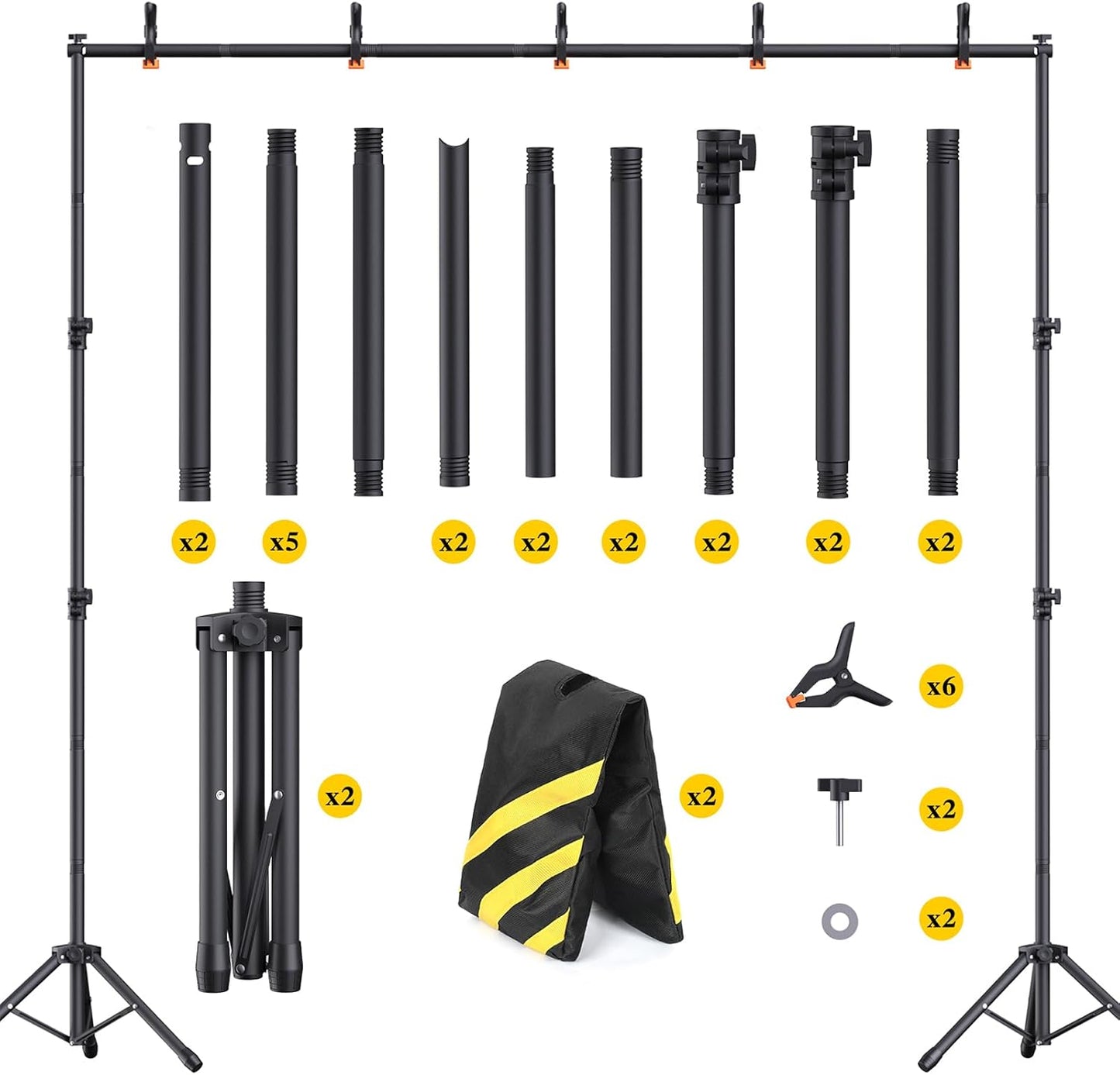 Backdrop Stand 10×8ft (W×H) Adjustable Backdrop Support Ground Kit Photography Photo Shoot Backdrop Stand for Parties with Sandbags, Spring Clips, Carrying Bag