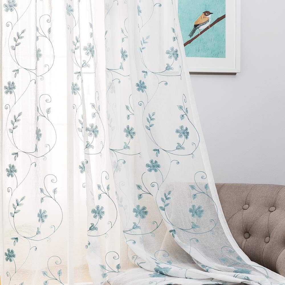 Floral Embroidery Sheer Curtains Blue 95 Inches Long, Window Treatments Rod Pocket Drapes for Living room, Bedroom, Semi Crinkle Voile Curtain Panels for Yard, Patio, Villa, Parlor, Set of 2, 52"x95".
