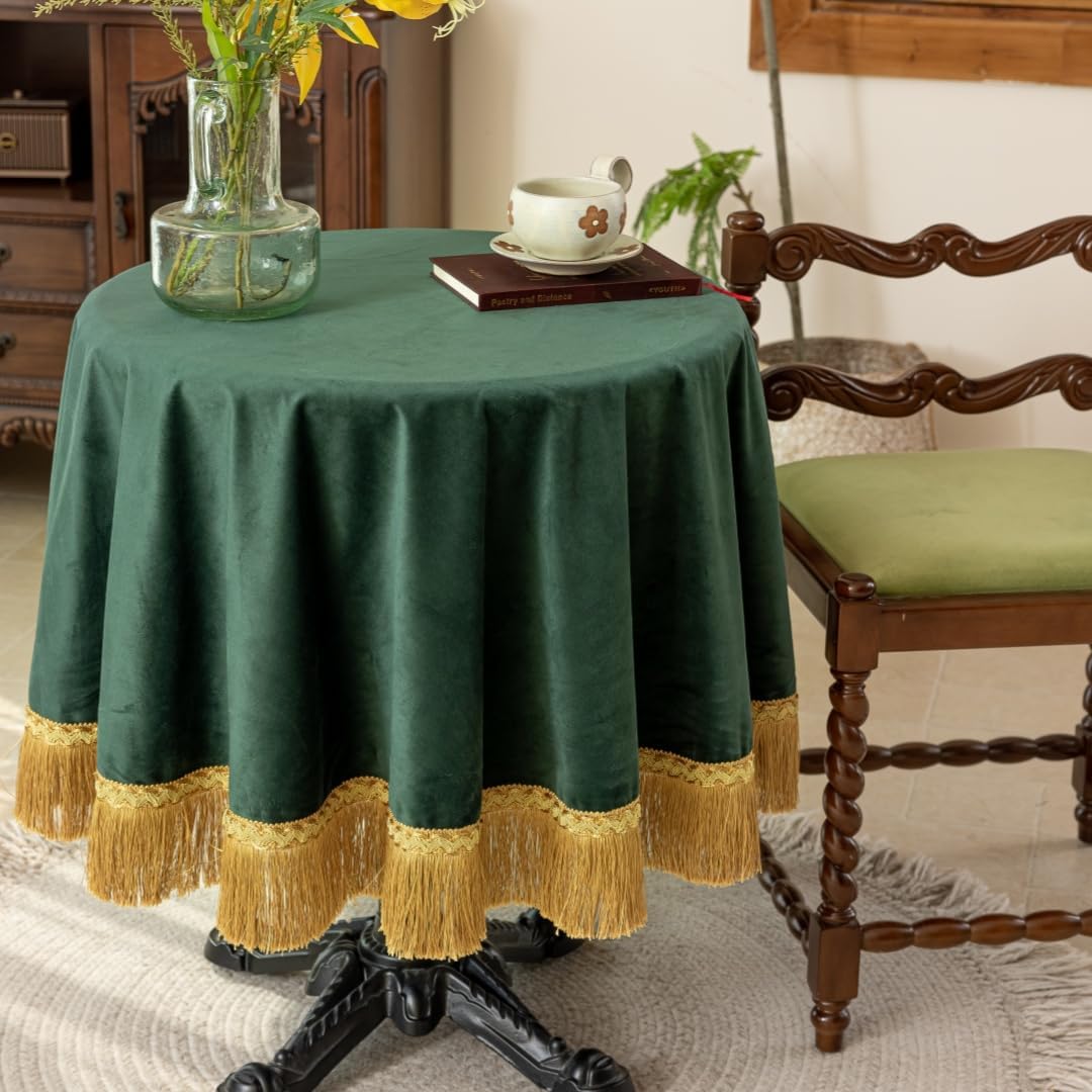 F-CHU Luxury Green Tablecloth Thickset Velvet Tablecloth with Beautiful Gold Tassels Vintage Table Cloth for Home Decor Wedding, Party, Banquet and Events 67" Round