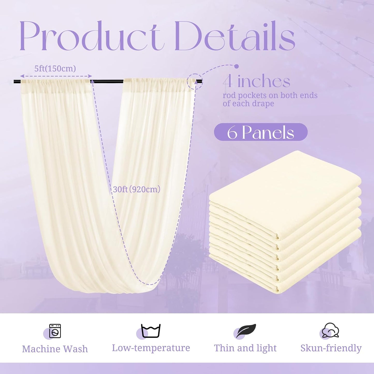 6 Panels Ivory Wedding Curtains - 5ftx30ft, Romantic Cheesecloth Sheer Drapes for Arch, Draping Fabric, Party & Ceremony Staging