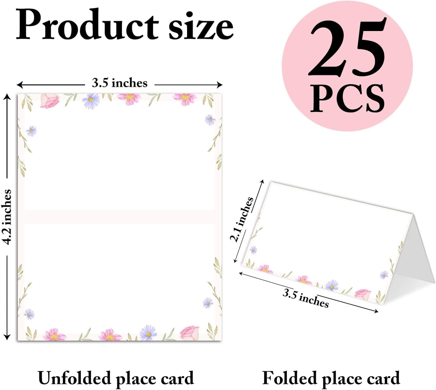25 Pack Flower Place Cards, Editable Name Cards for Table Setting, Tent Cards Food Label for Dinner Party, Bridal Shower, Wedding, Baby Shower and Events -T06