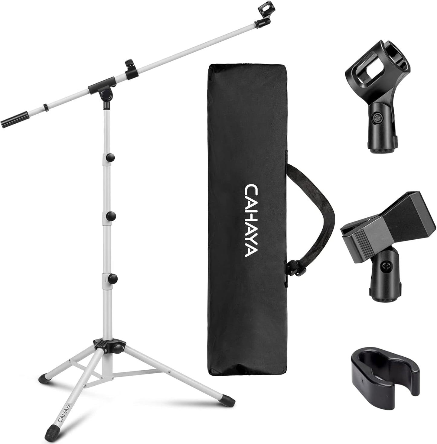 CAHAYA Microphone Stand Tripod Boom Arm Floor Mic Stand with Carrying Bag and 2 Mic Clips for Singing Performance Wedding Stage and Mic Mount White