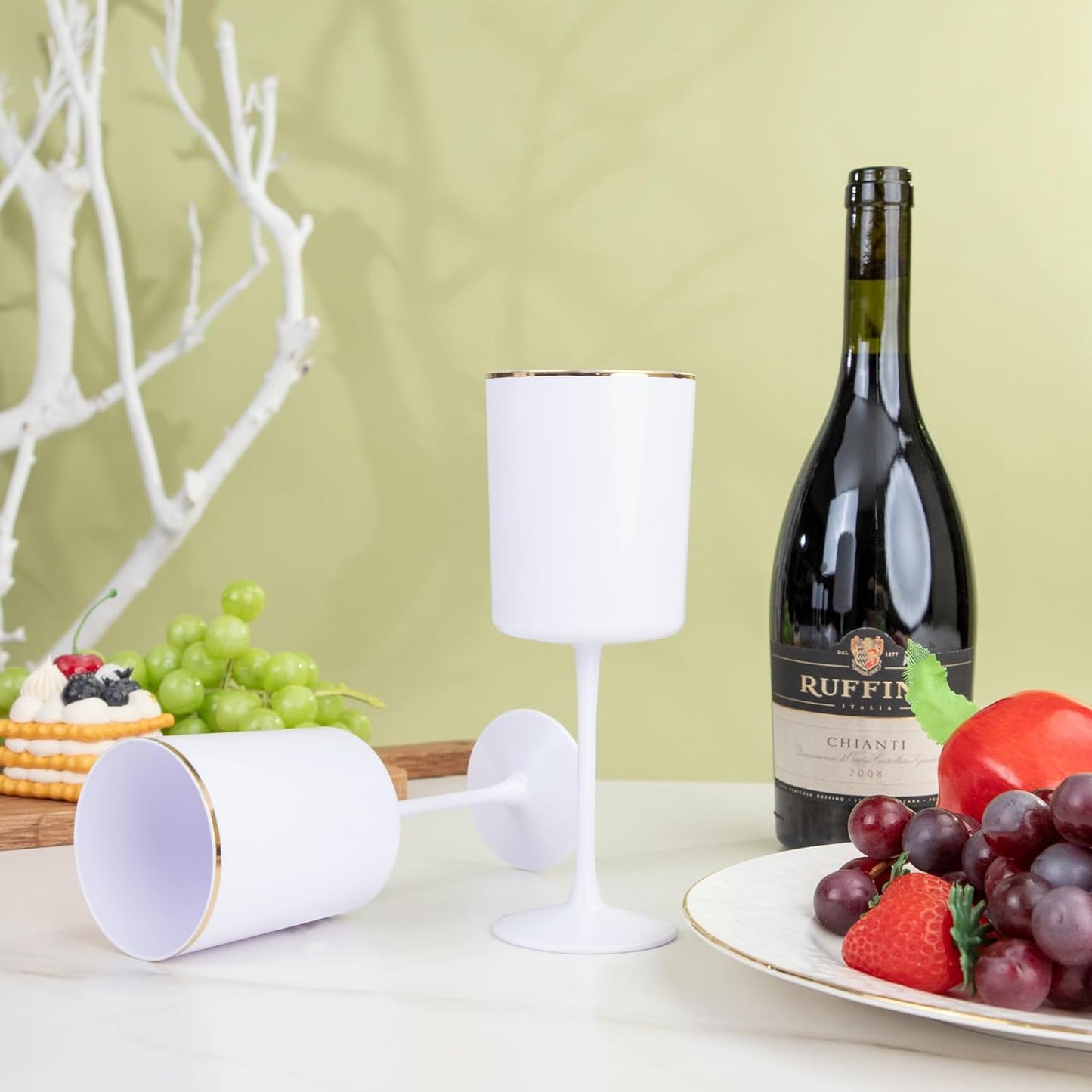 Ciaell 12 Pack White Plastic Wine Glasses with Stem - 10 Oz White and Gold Disposable Wine Glasses for Parties & Weddings & Poolside & Toasting & Outdoors & Graduation