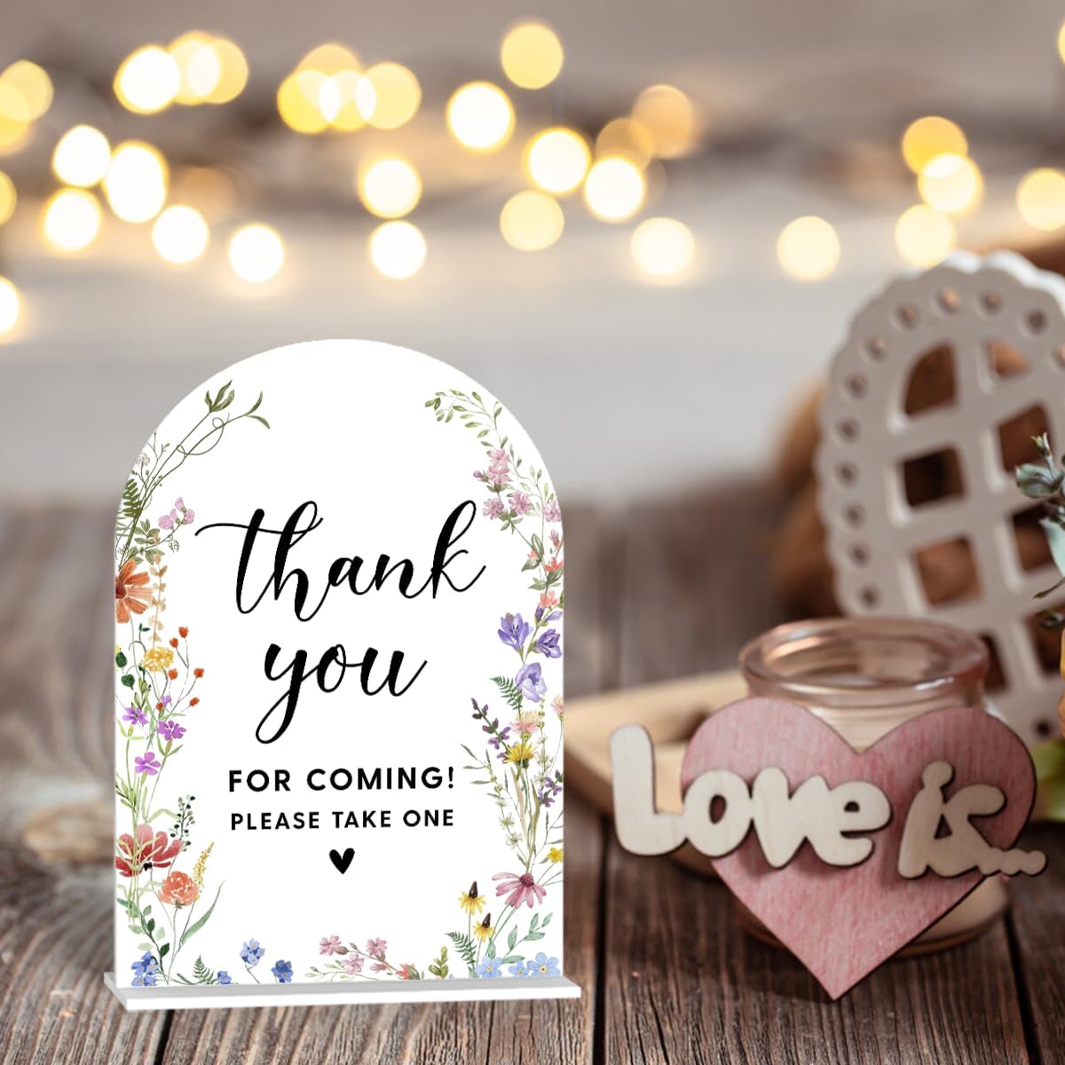 Acrylic Wedding Signs, Thank You for Coming Signs for Marriage Reception, Bridal Shower Decorations, Modern Arched Round Top Acrylic Table Top Sign with Holder for Wedding Party (White Wildflowers)