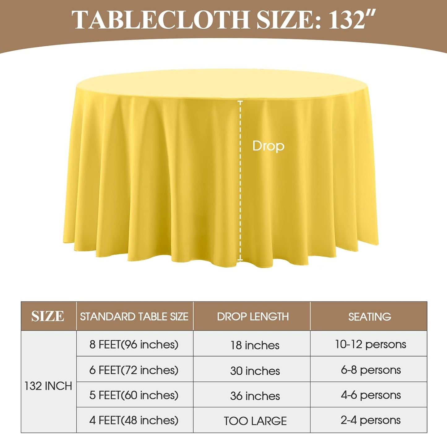 Round Tablecloth 132 Inch 2 Pack Yellow Tablecloths Washable Decorative Linen Polyester Table Clothes Cover for Dining Table Banquets Buffet Parties and Wedding