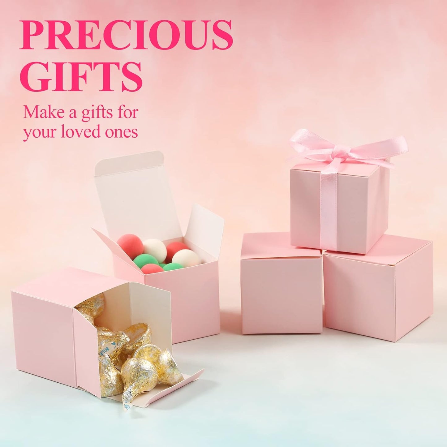 COTOPHER 100pcs Wedding Favor Boxes, Paper Gift Boxes 3x3x3 Inches Small Gift Boxes with Ribbons Small Boxes for Gifts, Crafting, Cupcake, Candy, Bridesmaid Proposal Boxes，Easy Assemble Boxes (Pink,