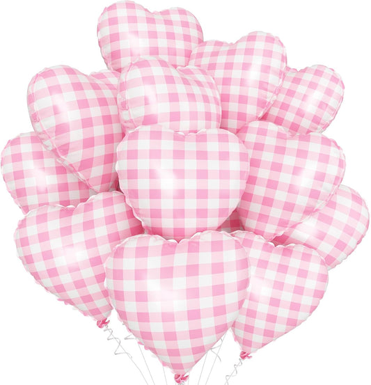 Pink White Checkered Heart Balloons,12Pcs 18Inch Light Pink Grid Heart Shaped Foil Helium Polyester Film Balloons for One Silly Goose Birthday Baby Shower Party Decorations