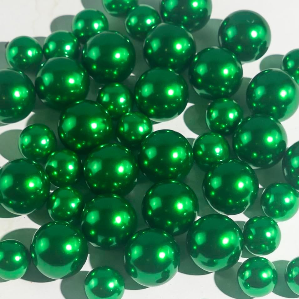 150Pcs Green Polished No Hole Faux Pearl Beads for Vase Filling Decorations, Plastic Pearls Vase Fillers, Table Scatters, Wedding Centerpiece, Home Decor, 8/14/20 mm