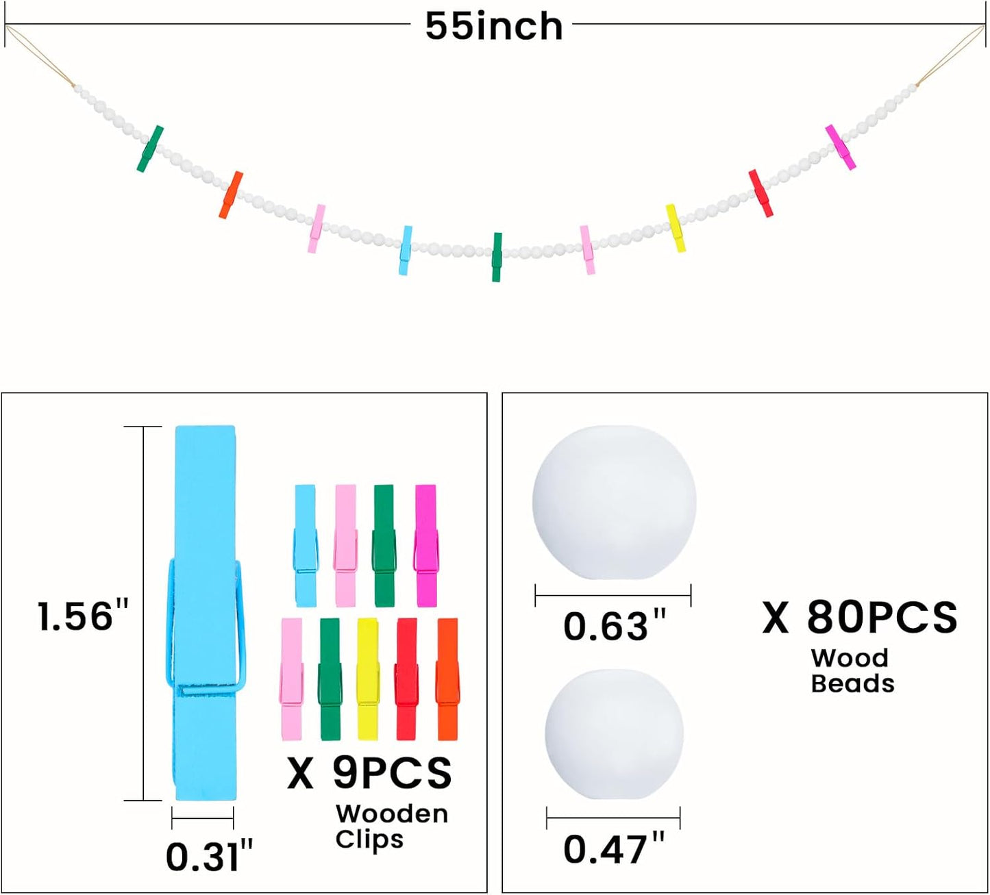 Hanging Photo Display Wall Decor, Wooden Bead Garland Collage Picture Frame with 9 Different Random Colors Wood Clips for Boho Bedroom, Living Room, Office, Dorm Decor