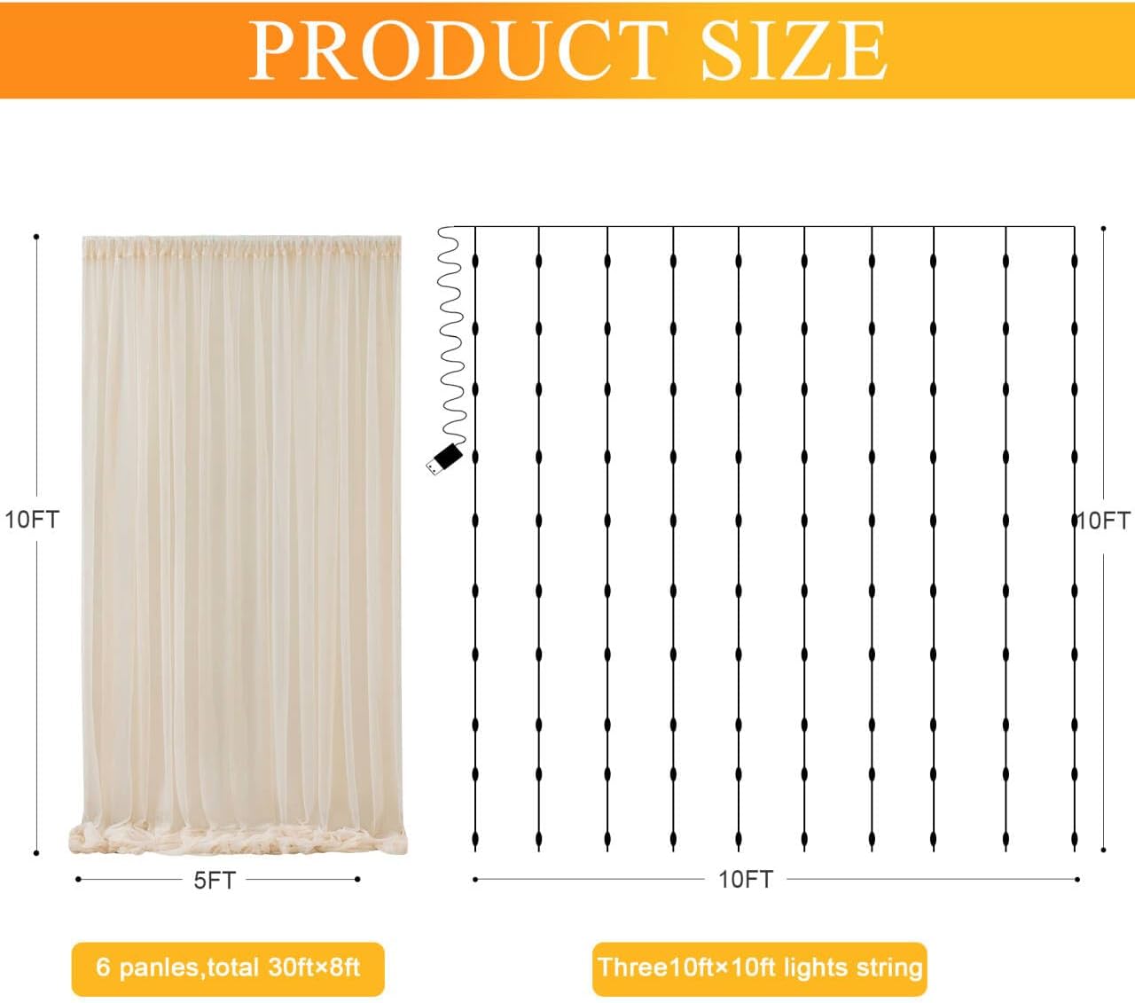 Fomcet Tulle Backdrop Curtains Champagne 30FT X 10FT Tulle Curtain with Lights String Sheer Backdrop Curtains for Parties Wedding Baby Shower Photo Shoot Decorations (6 Panels 5 x 10FT)