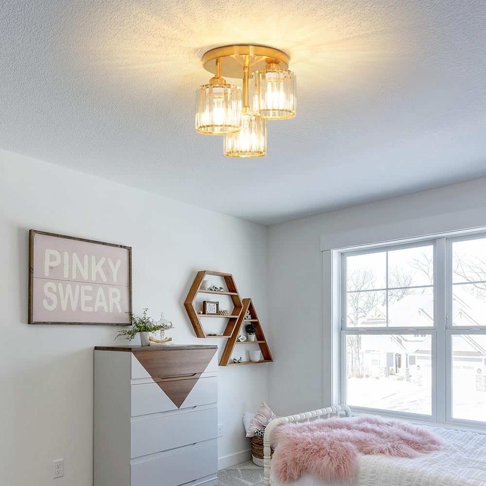 Modern Semi Flush Mount Ceiling Light, 3-Light Crystal Close to Ceiling Light Fixtures, Gold Kitchen Light Fixtures with Clear Crystal Shade, Hallway Light Fixtures for Hallway Bedroom Bathroom