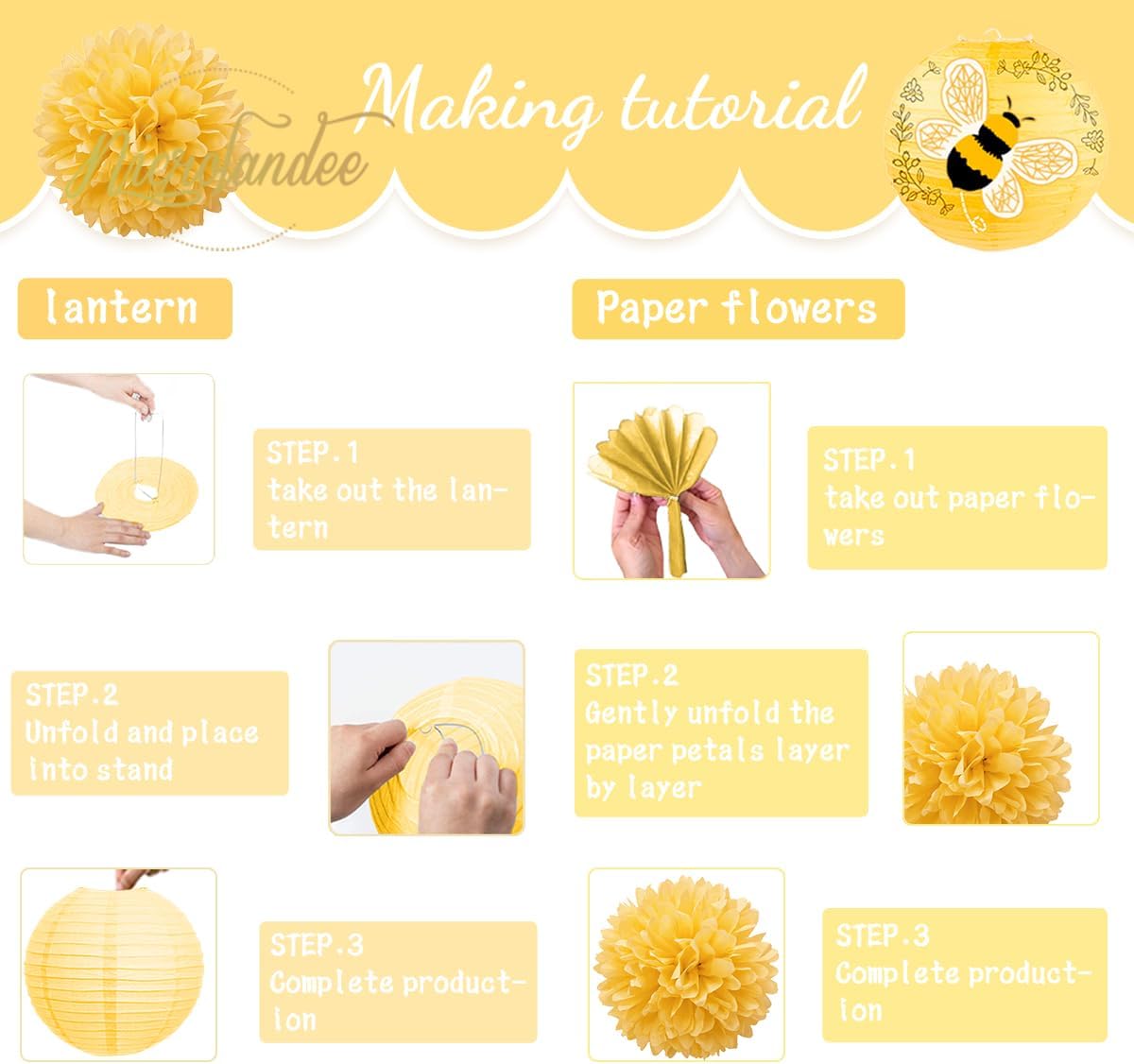 NICROLANDEE Bee Party Decorations, 12PCS Yellow Hanging Paper Lanterns Tissue Pom Poms Decor for Bee Day Party, Bee Themed Birthday Decorations, Yellow Flower Bumble Baby Shower