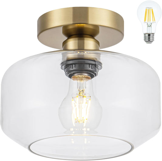Golden Semi Flush Mount Ceiling Light - Includes 900LM Bulb (60W Eqv) - Clear Glass & Brass Fixture for Hallway, Bathroom, Kitchen Lighting
