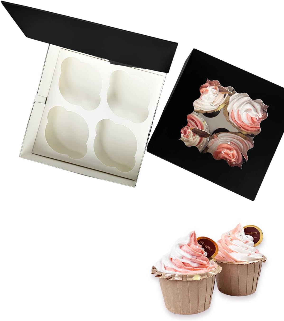 Bakepacker Auto-pop up 4 Cupcake Boxes with Window 20 Count Black Box 6.3 x 6.3 x 3inch Cupcake Carrier