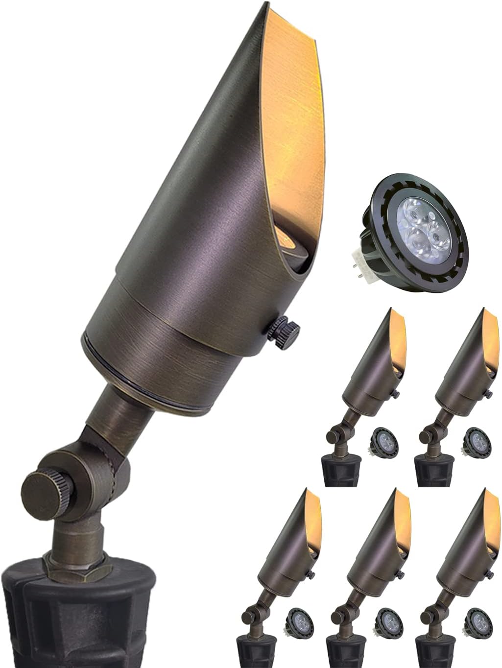 MALORY Brass Landscape Spotlight 6-Pack with MR16 Bulb Kit(S04), Low Voltage 12V AC/DC Shroud Adjustable Outside Yard Lights,PVC Ground Stake and Wire Connector Included, 5W 2700K Warm White