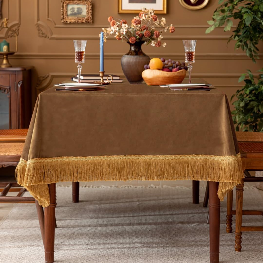 F-CHU Luxury Camel Tablecloth Thickset Velvet Tablecloth with Beautiful Gold Tassels Vintage Table Cloth for Home Decor Wedding, Party, Banquet and Events 60x70-Inch