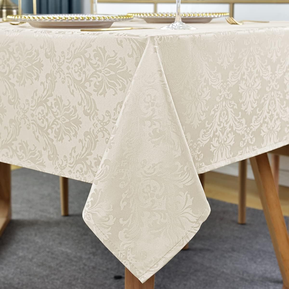 Jacquard Tablecloth Square 52 x 52 Inch Beige, Spill Proof Stain Resistant Damask Table Cloth, Washable Polyester Table Cover for Dining, Party, Indoor, Outdoor (Off White, Square)
